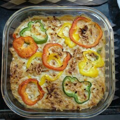 vegetarian  Lasagna with red, yellow and green bell paper and ricotta. Traditional italian dish. Top view.