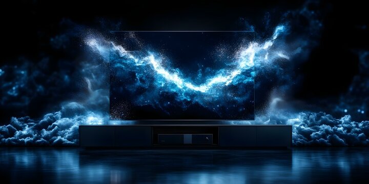 A modern TV displaying a vibrant, cosmic pattern, surrounded by clouds and glowing light effects in a dark environment. Concept Modern TV Design, Cosmic Patterns, Glowing Light Effects