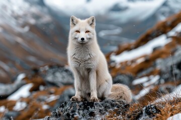 Obraz premium World Wildlife Day. Majestic Arctic fox sitting on a mossy rock in a mountain landscape.