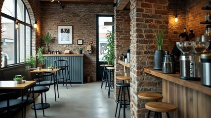 Cozy cafe interior with natural light and rustic decor