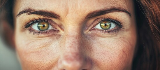 Close-up portrait of a middle-aged woman with striking green eyes, warm brown hair, and a confident expression against a neutral background.