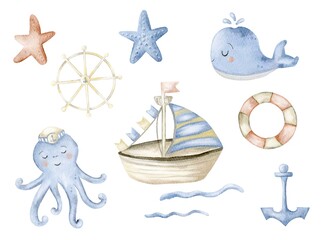 Whimsical marine watercolor illustration featuring baby sea creatures and nautical elements