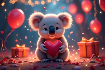 Cute Koala with a valentine sitting in a festive atmosphere