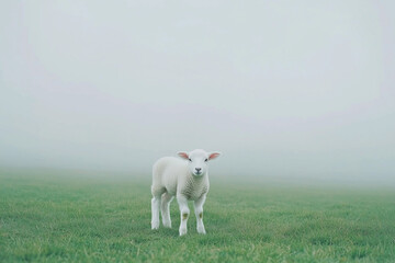 Obraz premium A serene lamb stands in a foggy meadow, surrounded by lush green grass, evoking tranquility