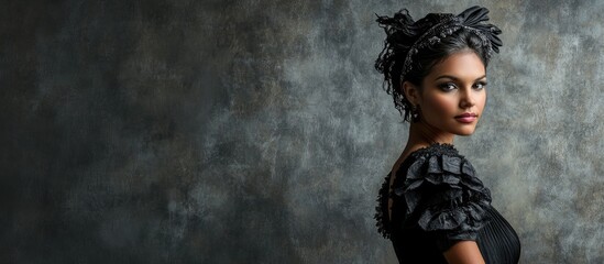 Elegant portrait of a woman in a black dress with ruffled sleeves against a textured gray background highlighting her individuality and grace.