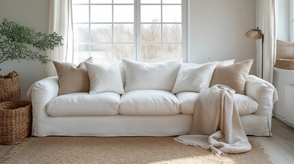 Single white sofa with pillows and blanket against blank wall with copy space. Minimalist home interior design of modern living room.