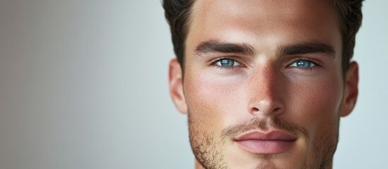 Naklejka premium Portrait of a young man with dark hair and blue eyes in a soft gradient background showcasing clear skin and health concepts on the left side