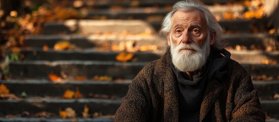 Elderly man with a long white beard sitting on steps covered in autumn leaves, warm colors, deep focus on contemplative expression, serene atmosphere.
