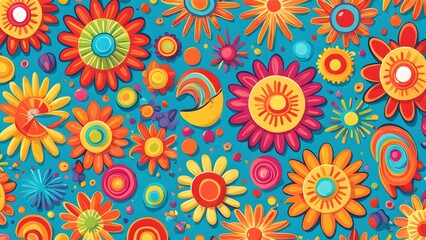 Vibrant seamless pattern featuring stylized flowers and colorful abstract shapes on a teal background.