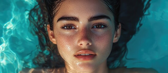 Portrait of a serene woman with brown eyes and dark wet hair gazing upwards in turquoise water capturing a tranquil summer vibe and natural beauty