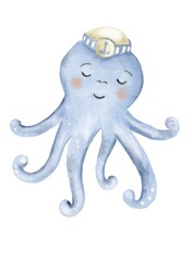 Baby blue octopus wearing a captain's hat in a whimsical marine watercolor style