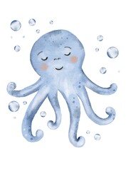 Cute baby blue octopus swimming in gentle watercolors with bubbles around it