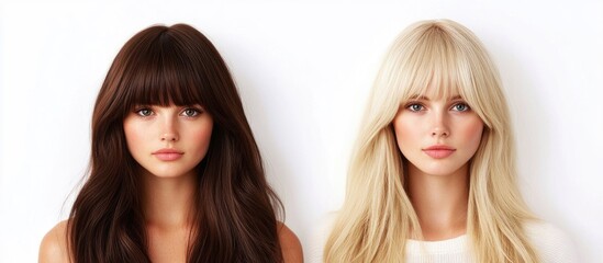 Fototapeta premium Brunette with bangs contrasts with long blonde hair against a clean white background highlighting diverse hairstyles for beauty industry promotion
