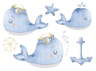 Playful marine watercolor illustration of baby whales in blue with nautical elements