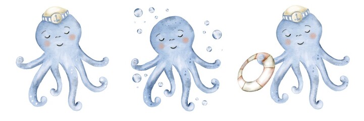 Cute baby blue octopus swimming in the ocean with nautical accessories and a joyful expression