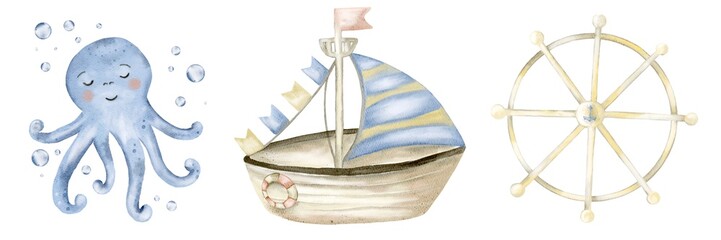 Beautiful watercolor marine themed illustrations featuring a baby octopus, sailboat, and ship wheel