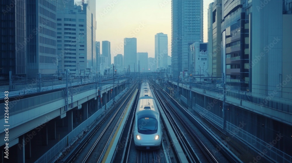 Poster high-definition shot of a high-speed train on elevated tracks, emphasizing its sleek profile and the