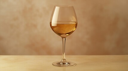 High-definition shot of a single wine glass with a rich, golden white wine, elegantly set on a table with soft, ambient lighting in the background.