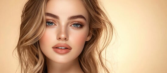 Fototapeta premium Portrait of a young woman with wavy blonde hair and soft makeup against a warm golden background highlighting her serene expression and features.