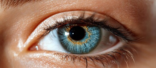 Close up of a blue human eye with intricate details and a glowing technology interface overlay to highlight the connection to advanced technology concepts