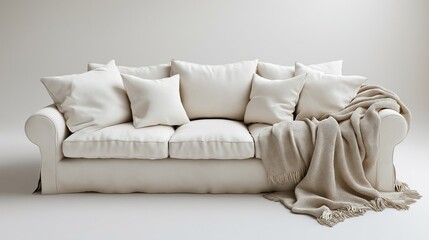 Single white sofa with pillows and blanket against blank wall with copy space. Minimalist home interior design of modern living room.