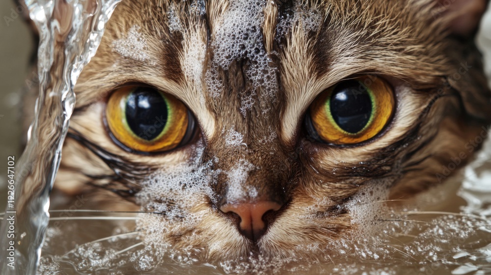 Poster high-resolution close-up of a cat's face during bath time, with water running over its fur and its e