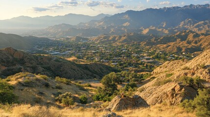Fototapeta premium Mountain town sunset vista, aerial view, desert landscape, travel brochure