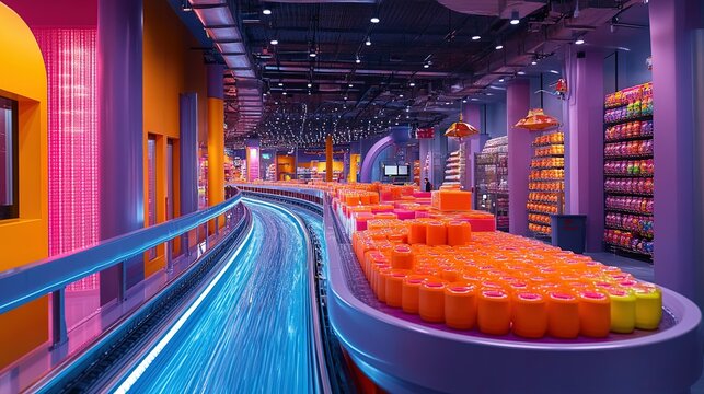 A colorful packaging plant with conveyor belts and product displays, showcasing the final stages of product preparation for shipment 