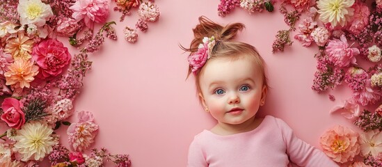 Fototapeta premium Baby girl with a flower crown on a pink backdrop surrounded by vibrant pink and peach flowers capturing childhood innocence and joy