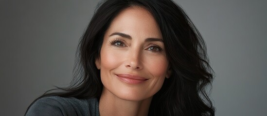 Naklejka premium Close up portrait of a smiling mid-aged woman with dark hair, soft skin tones, highlighting skin care and rejuvenation techniques against a blurred background.