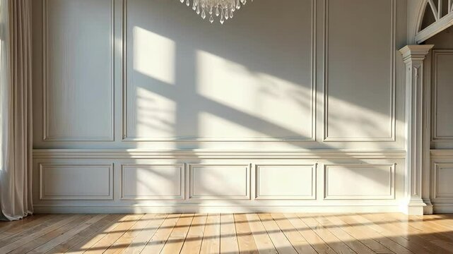 Elegant empty interior with sunlight casting shadows on wooden floor