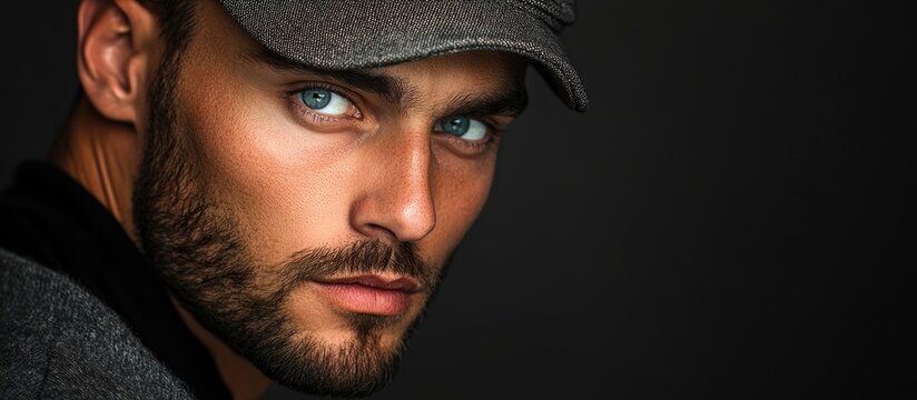 Portrait of confident man with short beard and striking blue eyes wearing a cap against a dark background highlighting his intense expression