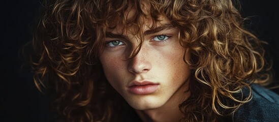 Fototapeta premium Young male model with deep curly hair and striking blue eyes against a dark background showcasing texture and natural allure.