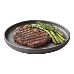 Grilled beef steak with asparagus and rosemary, plated and isolated on a white background for food advertisements