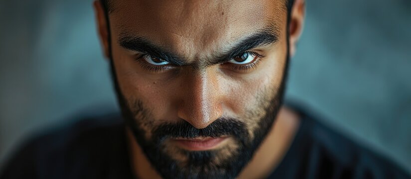 Intense close-up of a serious man with a dark beard and piercing eyes capturing deep emotions against a blurred gray background.