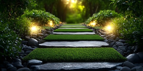 A serene garden path lined with stones and grass, illuminated by soft lights and surrounded by lush greenery. Concept Serene Garden Path, Soft Lighting, Lush Greenery, Tranquil Ambiance