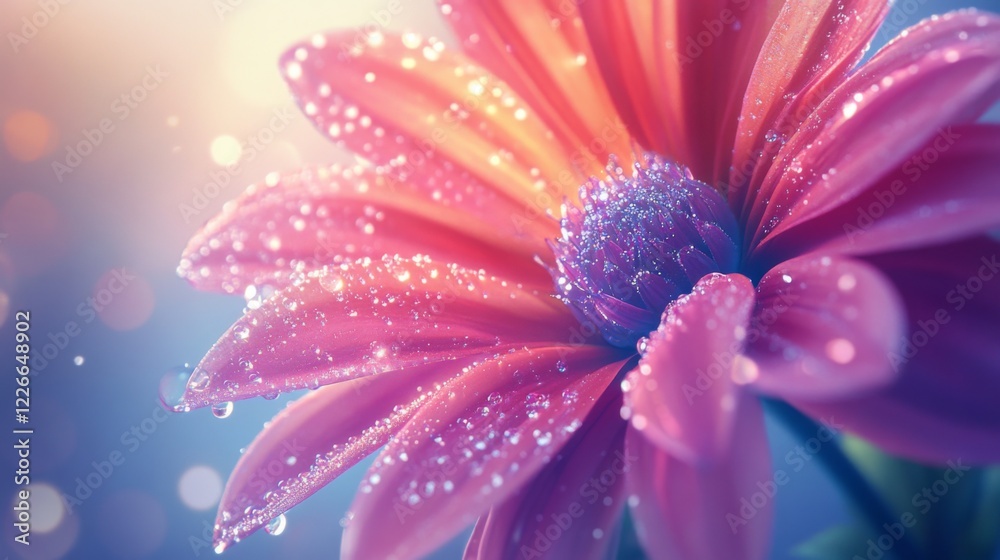 Poster High-resolution shot of a vibrant flower with multiple water droplets scattered across its petals, creating a sparkling effect against a soft background.