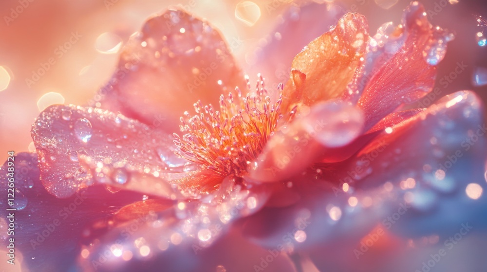 Poster High-resolution shot of a vibrant flower with multiple water droplets scattered across its petals, creating a sparkling effect against a soft background.