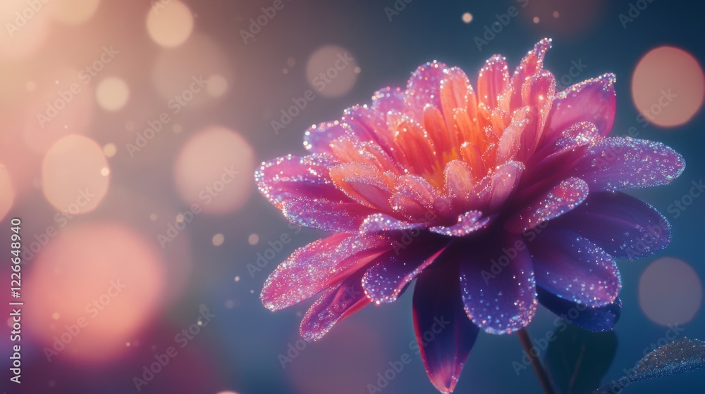 Poster High-resolution shot of a vibrant flower with multiple water droplets scattered across its petals, creating a sparkling effect against a soft background.