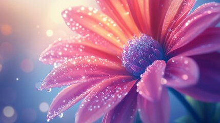 Obraz premium High-resolution shot of a vibrant flower with multiple water droplets scattered across its petals, creating a sparkling effect against a soft background.