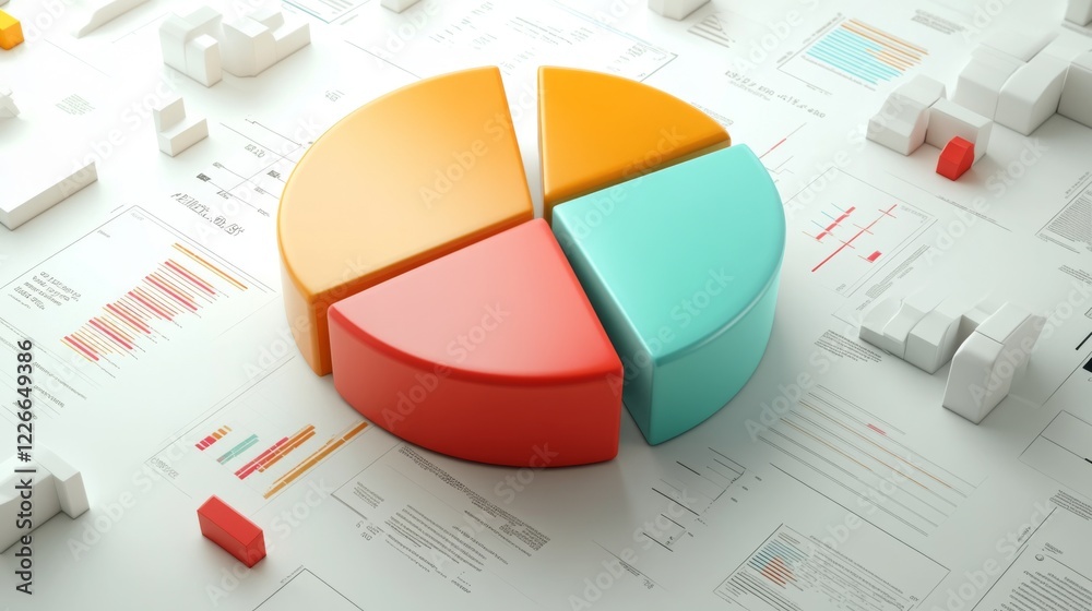 Poster interactive d pie chart with floating labels and percentages, digital interface elements surrounding