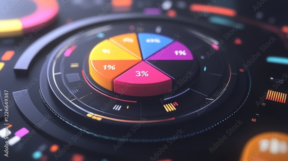 Poster interactive d pie chart with floating labels and percentages, digital interface elements surrounding