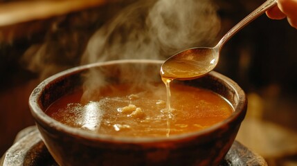 Hot soup being ladled into a bowl, steam swirling up from the rich broth, rustic wooden table