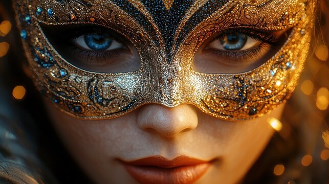 Woman wearing a gold mask with bokeh lights, possible for a themed event