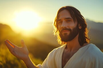 Jesus Christ with open hand in mountains 