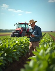 Digitale Landwirtschaft – Farmer überprüft Pflanzen mit Tablet auf dem Feld