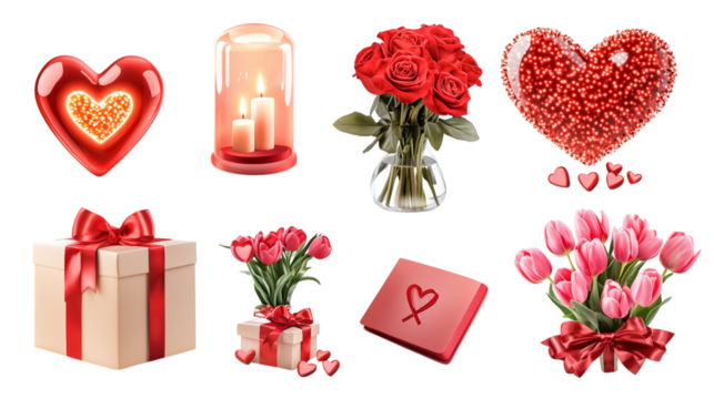 Collection of  Valentine's Day icons. chocolate, gifts, wine, candles, ribbons, heart icons, greeting letters, flower bouquets, rings, dolls, gift boxes, love arrows, love bird. transparent background