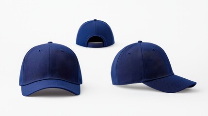 Three hats displayed on a white background including a blue baseball cap mockup in angled views