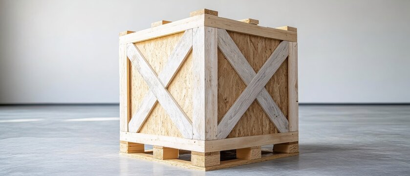 Wooden Shipping Crate on Pallet in Minimalist Setting Ready For Transport or Storage