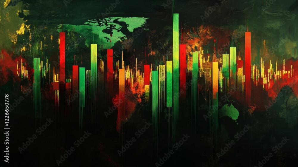 Poster stock market graph with green and red candlesticks, world map in the background